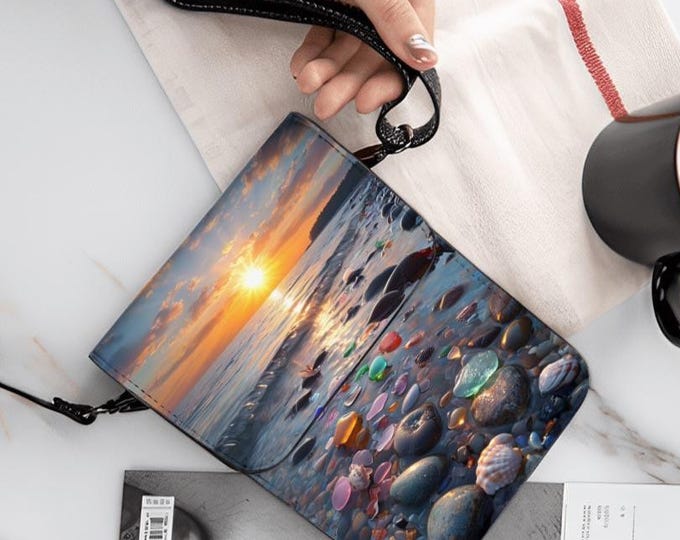 Sea Glass Sunset Leather Crossbody Phone Bag: 2-Pocket Design