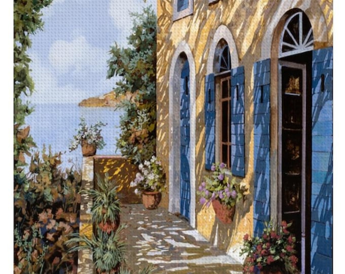 Vintage Diamond Art, DIY Diamond Painting, Altre Porte Blu #1 by Guido Borelli, Antique Art Design, House by the Sea, Full Craft Kit,