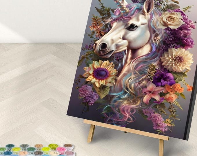 Unicorn Paint by Numbers Kit: Vibrant Flowers, Fantasy Art