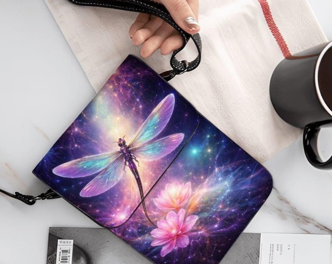 Dragonfly Cell Phone Purse Crossbody – Fantasy Galaxy Phone Bag, Adjustable Shoulder Strap, PU Leather, 3 pockets