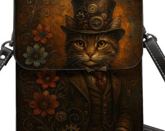 Steampunk Style, Cat Cell Phone Purse, Vintage Victorian Shoulder or Crossbody Bag, Art Wallet