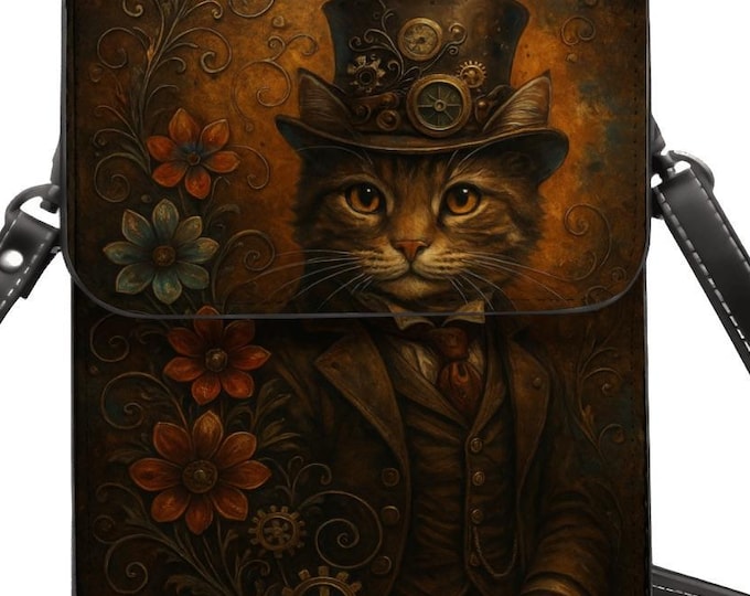 Steampunk Style, Cat Cell Phone Purse, Vintage Victorian Shoulder or Crossbody Bag, Art Wallet