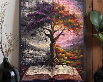 Book Art Oak Wood Jigsaw Puzzle: Colorful Tree Book Design - 500/1000 Piece