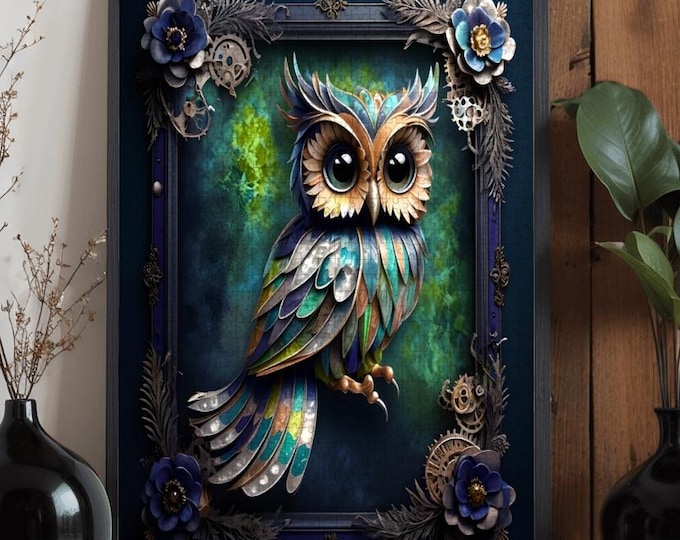 Steampunk Owl Wooden Puzzle 300 500 1000 Pieces | Fantasy Owl Art Jigsaw Puzzle | Mechanical Owl Puzzle Gift for Adults