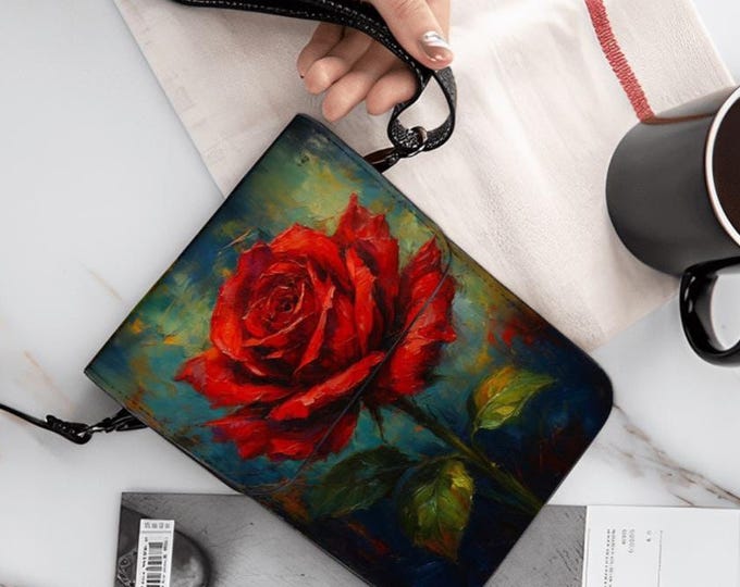 Red Rose, Purse, Leather Cell Phone Purse With Shoulder Strap, Adjustable for Crossbody Wear