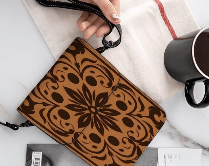 Brown Suede Cell Phone Purse: Mosaic Design, Adjustable Removable Strap