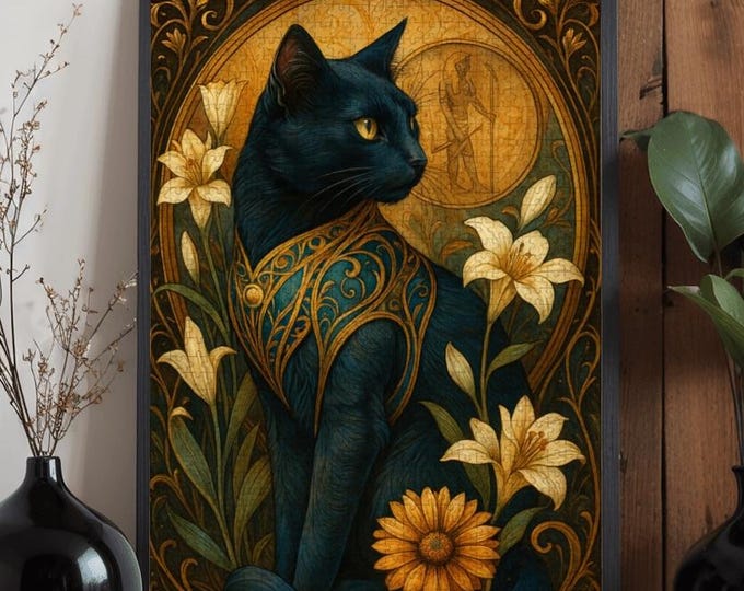 Puzzle • Egyptian Cat, Sunflower Lily Floral Jigsaw • 500 or 1000 Pieces • Cat Art Nouveau