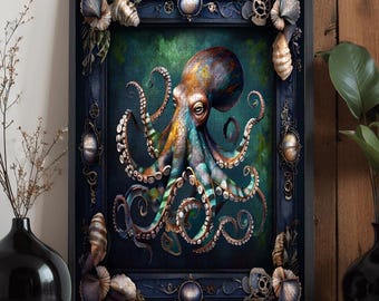 Steampunk Octopus Wooden Jigsaw Puzzle | 500 or 1000 Piece Oak Wood Puzzle | Mechanical Ocean Art | Adult Puzzle Gift