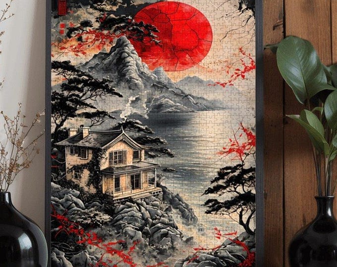 Seaside House Wooden Jigsaw Puzzle: Red Sun Lake View