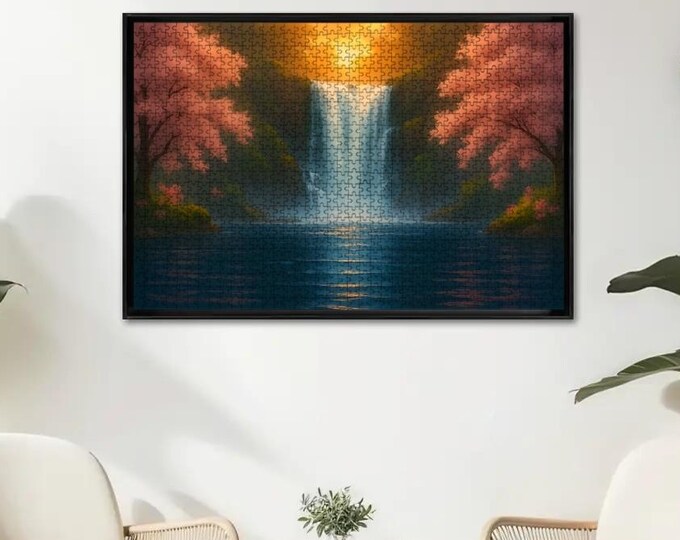 Waterfall Sunset Wooden Jigsaw Puzzle - 500 or 1000 Pieces, Oak Wood Crafted, High-Quality Puzzle for relaxation time