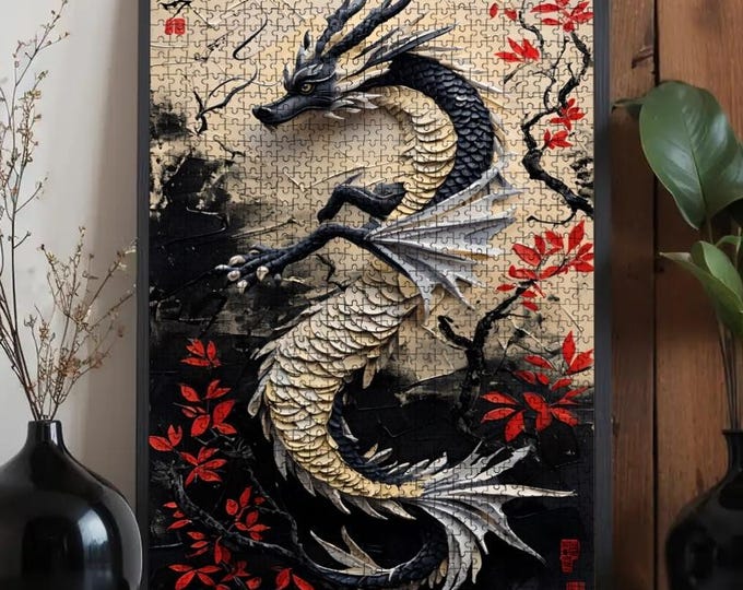 Japanese Dragon Oak Wood Jigsaw Puzzle | Mythical Art Decor
