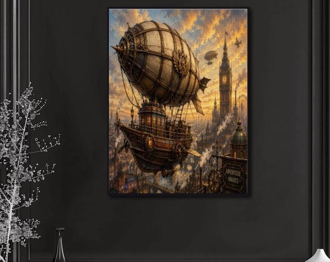 Steampunk Airship Diamond Painting Kit, Victorian Air Balloon Diamond Art, Fantasy Flying Ship DIY Craft, Vintage Steampunk Wall Decor Gift