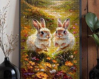 Bunnies in Flower Meadow Wooden Jigsaw Puzzle - Nature Lover Gift
