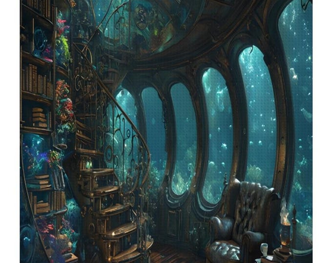 Submarine View, DIY Diamond Painting, Library, Garden, Diamond Painting Art Craft Kit, Free Shipping, Steampunk, Oceanview, Unique Gift
