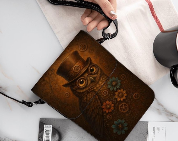 Steampunk Owl Cell Phone Crossbody or Shoulder Bag, Vintage Gears PU Leather