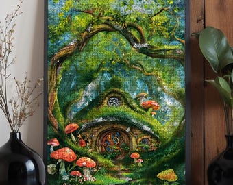 Wooden Jigsaw Puzzles 500 or 1000 Piece, Magical Fantasy Land in the Forest, Precision Cut Oak Wood, High Quality, Hobbit House in the Woods