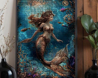 Steampunk Mermaid Wooden Jigsaw Puzzle: Oak Wood, 500 or 1000 Pieces