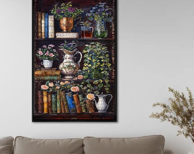 Cottagecore Bookshelf Jigsaw Puzzle | Oak Wood Tea Set & Flowers