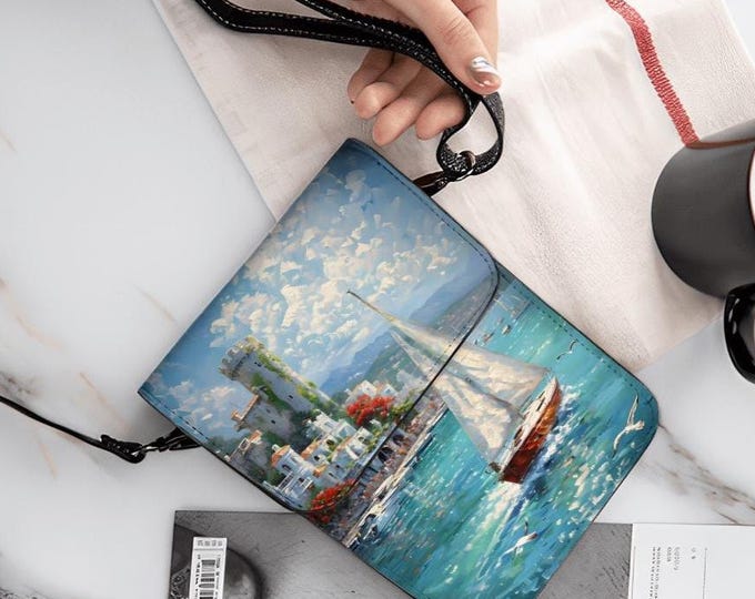 Sailing Cell Phone Purse, Sailboat Castle Art, Crossbody Bag