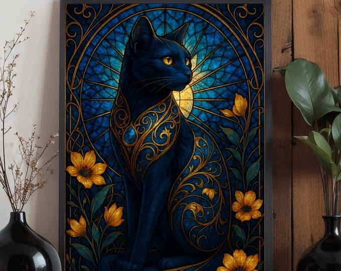 Stained Glass Cat Jigsaw Puzzle • Gothic Art Nouveau, Floral