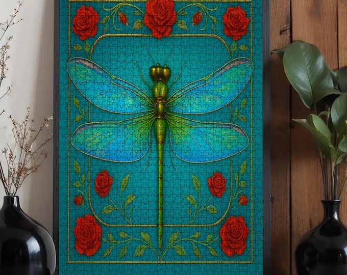 Dragonfly & Roses Wooden Jigsaw Puzzle | Boho Art, 500/1000 Pieces