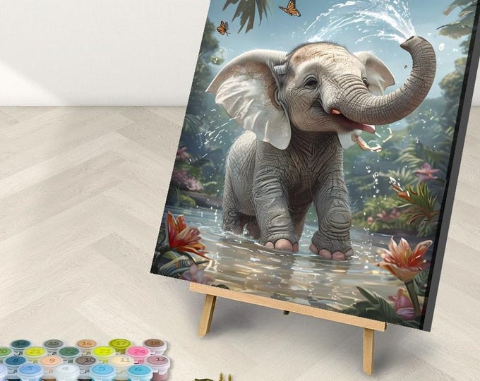 Elephant Paint by Numbers Kit: Tropical Paradise Scene, 48 Colors