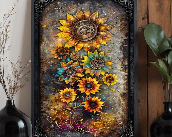 Steampunk Sunflower Wooden Jigsaw Puzzle, Vintage Art Flowers
