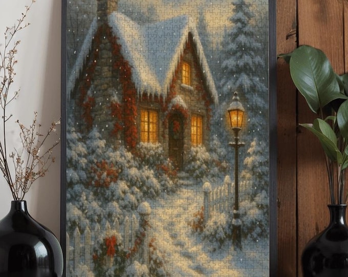 Winter Cabin Wooden Puzzle – 500 or 1000 Pieces | Snow Scene Jigsaw | Holiday Wood Puzzle