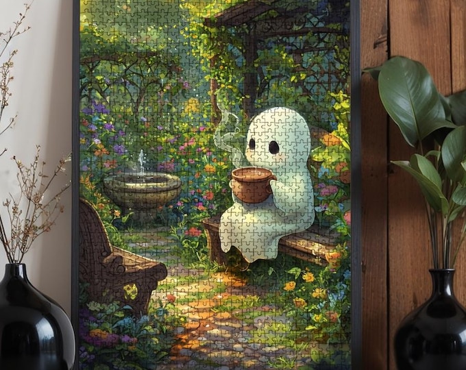 Ghost Drinking Coffee Wooden Jigsaw Puzzle: Family Entertainment (500 or 1000 Pieces