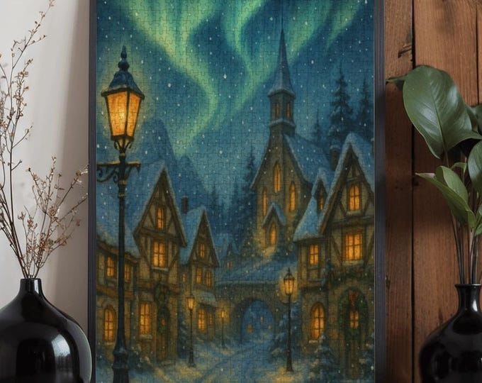 Northern Lights Village Wooden Jigsaw Puzzle – Cozy Winter Holiday