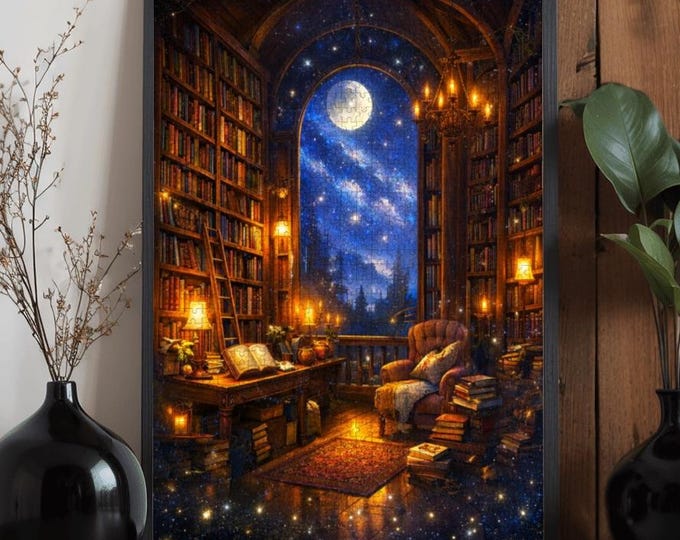Mystical Library Wooden Puzzle 300 500 1000 Pieces | Fantasy Night Bookshelf Jigsaw Puzzle | Adult Relaxing Art Puzzle Gift