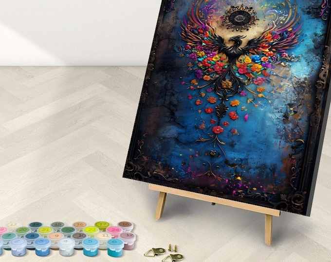 Framed Phoenix Paint by Numbers Kit: Gothic Floral Design, Magical Art