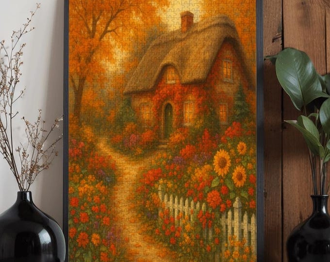 Autumn Cottage Wooden Puzzle 300 500 1000 Pieces | Cozy Fall House Art Jigsaw Puzzle | Cottagecore Scenic Puzzle Gift for Adults