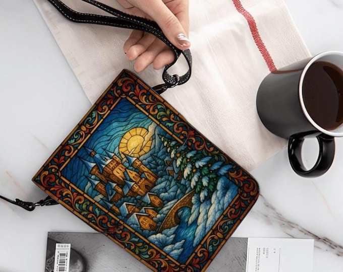 Stained Glass Winter Castle, Cell Phone Purse, Fantasy Art Crossbody Bag, Fairytale Wallet