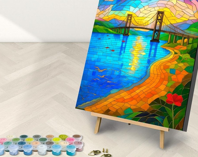 Bridge Sunset Stained Glass Art,  Framed or Frameless, Paint by Numbers Kit for Adults with Stand, Mosaic, Lake Michigan, Mackinac Bridge