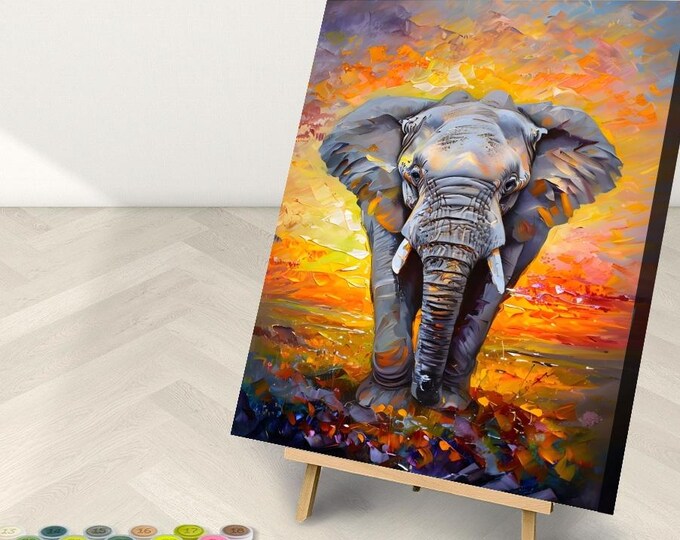 Elephant Sunset Paint by Number Kit: Framed or Frameless Canvas Art