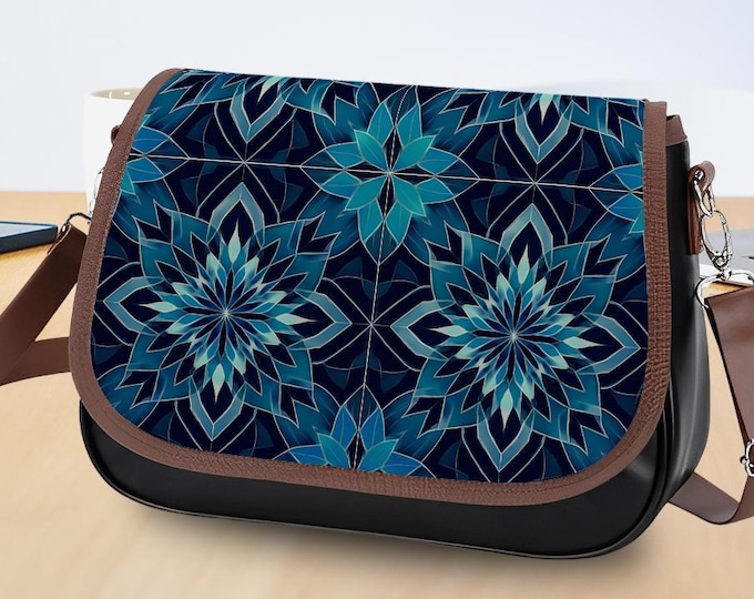 Dark Blues Satchel, Geometric Star Leather Bag, Shoulder or Crossbody, Adjustable Strap, Waterproof, Wrinkle Resistant