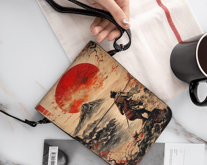Samurai Mountain Sunset Phone Purse, PU Leather Crossbody Bag