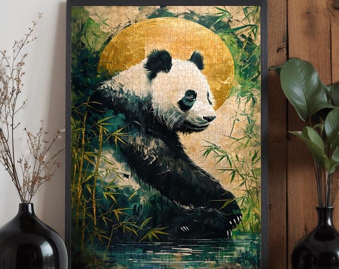 Panda Wooden Puzzle 300 500 1000 Pieces | Wildlife Panda Art Jigsaw Puzzle | Bamboo Moon Fantasy Puzzle Gift for Adults
