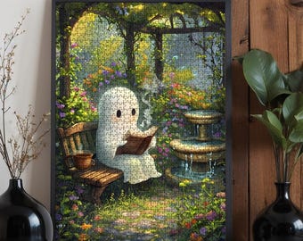 Cute Ghost Garden Wooden Jigsaw Puzzle | 500 or 1000 Piece Oak Wood Puzzle | Fantasy Cottagecore Art | Adult Puzzle Gift