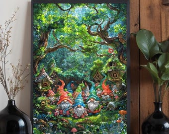 Gnomes in the Forest Jigsaw Puzzle: Fantasy Oak Wood Art (500 or 1000 Pieces)