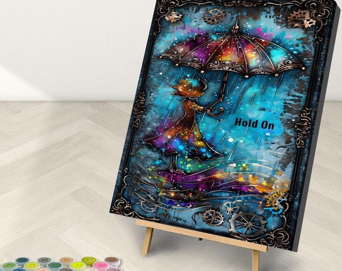 Framed Rainy Day Paint by Number Kit: Girl with Umbrella, DIY Canvas Art