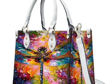 Dragonfly Art PU Leather Handbag, Rainbow Crossbody Tote
