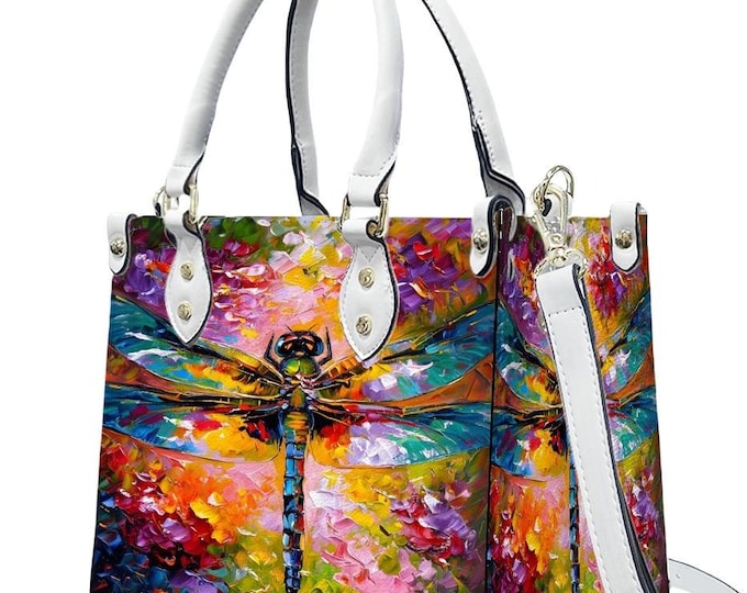Dragonfly Art PU Leather Handbag, Rainbow Crossbody Tote