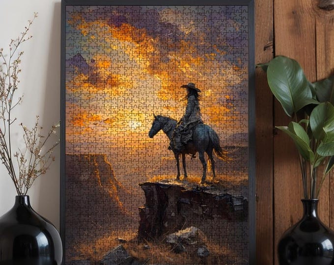 Cowgirl Sunset Jigsaw Puzzle: Oak Wood, 500/1000 Pieces