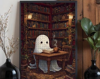 Ghost in Library Wooden Jigsaw Puzzle: Spooky Home Decor, 500/1000 Pieces
