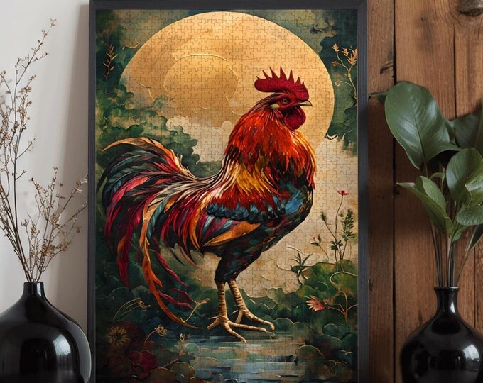 Majestic Rooster Wooden Puzzle 300 500 1000 Pieces | Full Moon Farm Art Jigsaw Puzzle | Rustic Animal Puzzle Gift for Adults