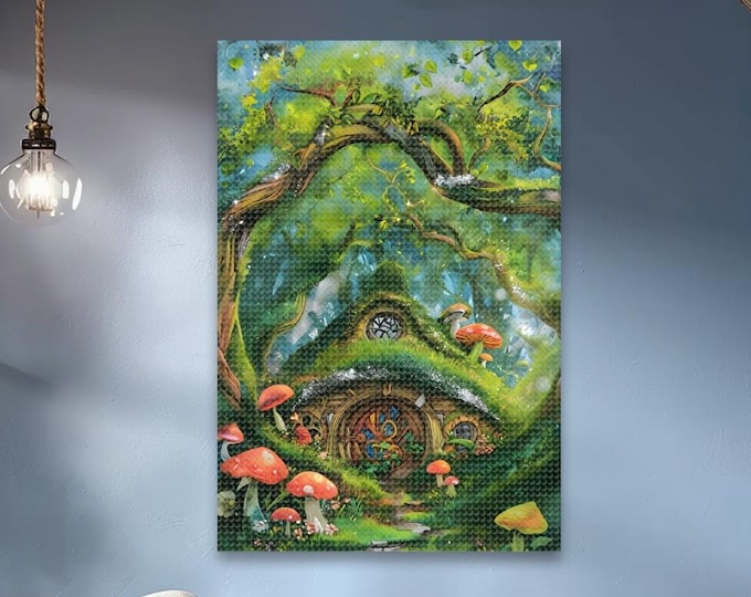 Diamond Painting, Magical Forest Gnome Home, DIY, Diamond Painting with Frame, Framed Canvas, 20"x28” or 16”x20”, Diamond Art, Hobbit House