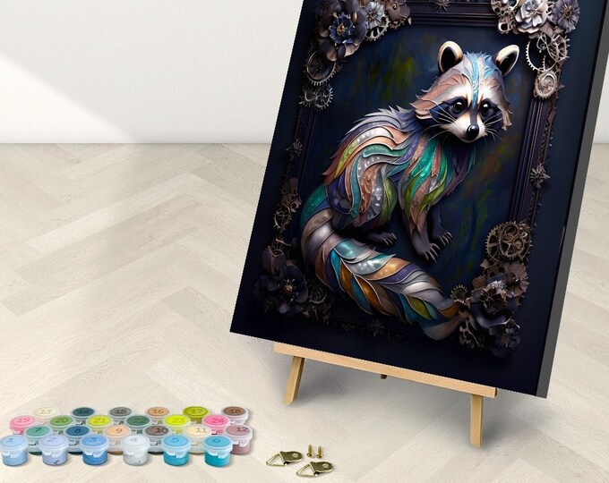 Steampunk Raccoon Paint by Numbers Kit for Adults: DIY Framed Canvas Art