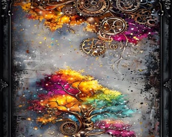 Steampunk Tree Paint by Numbers Kit: Framed Canvas Art with Stand